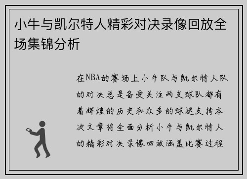 小牛与凯尔特人精彩对决录像回放全场集锦分析