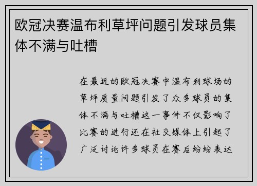 欧冠决赛温布利草坪问题引发球员集体不满与吐槽